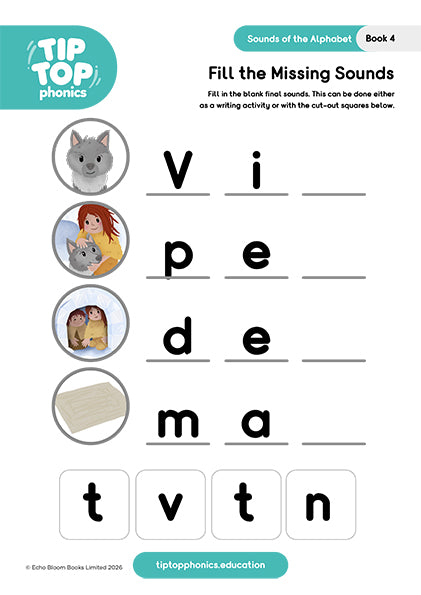 Worksheets for Sounds of the Alphabet: d e f v (Book 4 - A Den)